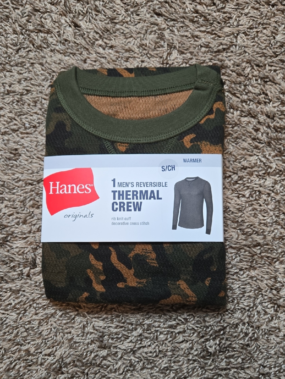 Hanes Originals Men's Reversible Thermal Crew Small Camo Long Sleeve Shirt Top